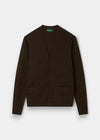 Alan Paine Cornwall classic fit V-neck cardigan in cocoa brown lambswool with five buttons and two jetted pockets.