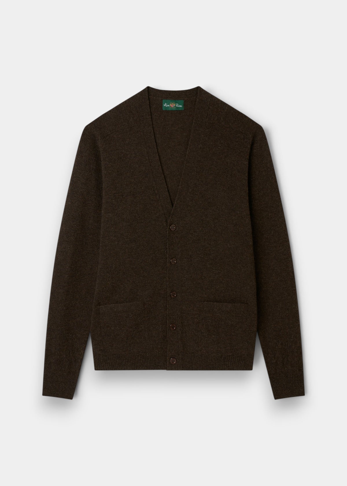 Cornwall Lambswool V-Neck Cardigan in cocoa, classic fit; long sleeves, buttons, 2 pockets, shown flat on light background.