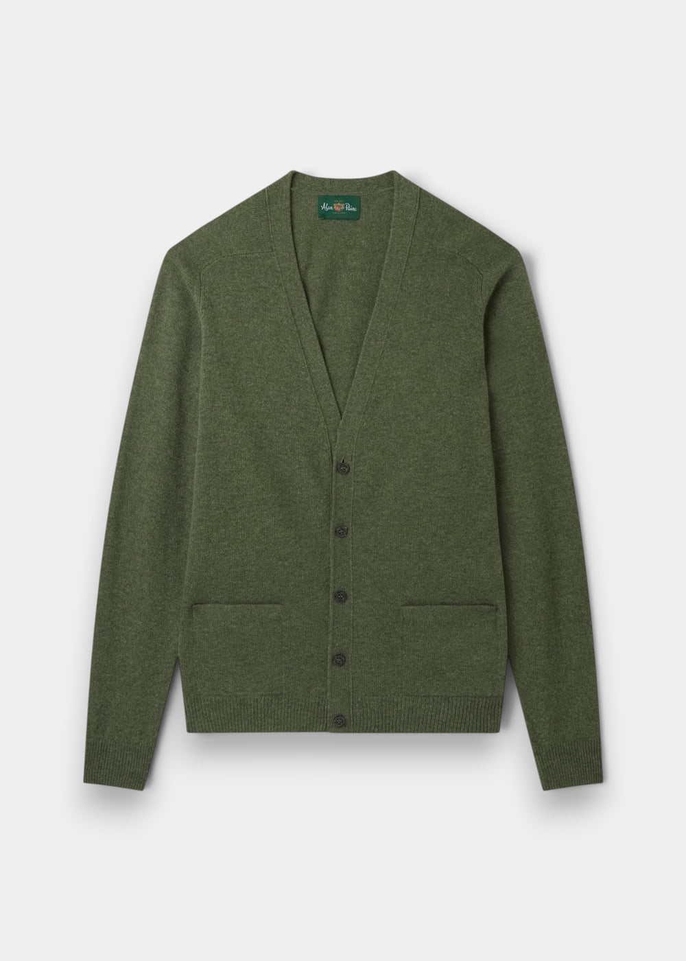 Alan Paine Cornwall lambswool cardigan in landscape green with a V-neck, five-button front, and two jetted pockets.