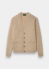 Alan Paine Cornwall lambswool cardigan in linen beige with a classic fit, v-neck, and five-button front closure.