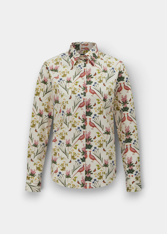 Alan Paine Lawen ladies long-length cream cotton shirt featuring a colourful floral and pheasant print design