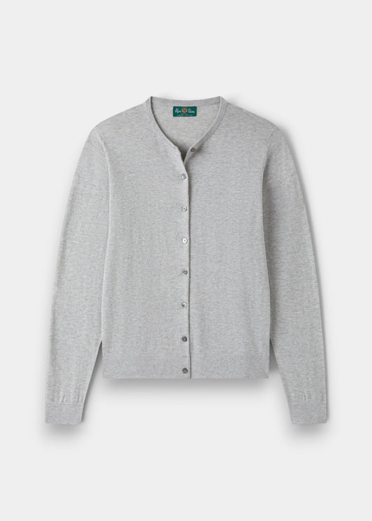 Alan Paine Daphne ladies cardigan in dove grey, crafted from a soft pima cotton and cashmere blend with button front.
