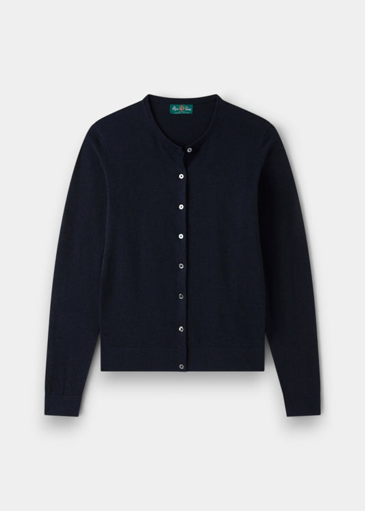 Alan Paine Daphne ladies dark navy cardigan in a soft pima cotton and cashmere blend with a classic button-up front.