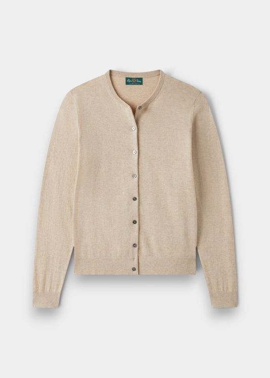 Alan Paine Daphne ladies cardigan in sand, crafted from a soft pima cotton and cashmere blend with a button front.