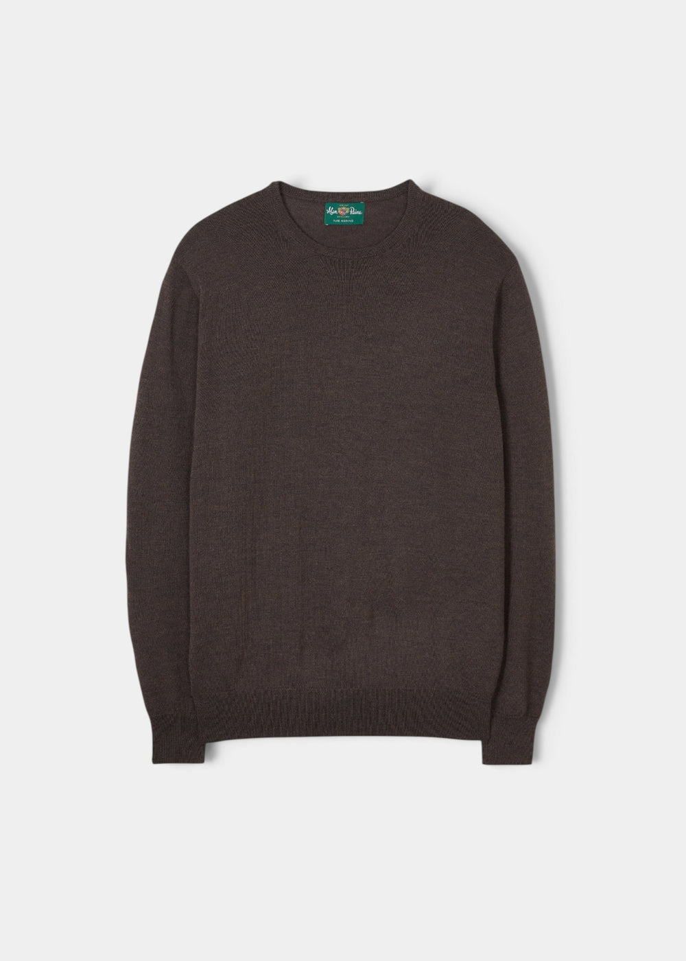 Alan Paine Radstone men's crew neck jumper in dark brown 100% fine Italian merino wool with ribbed hem and cuffs