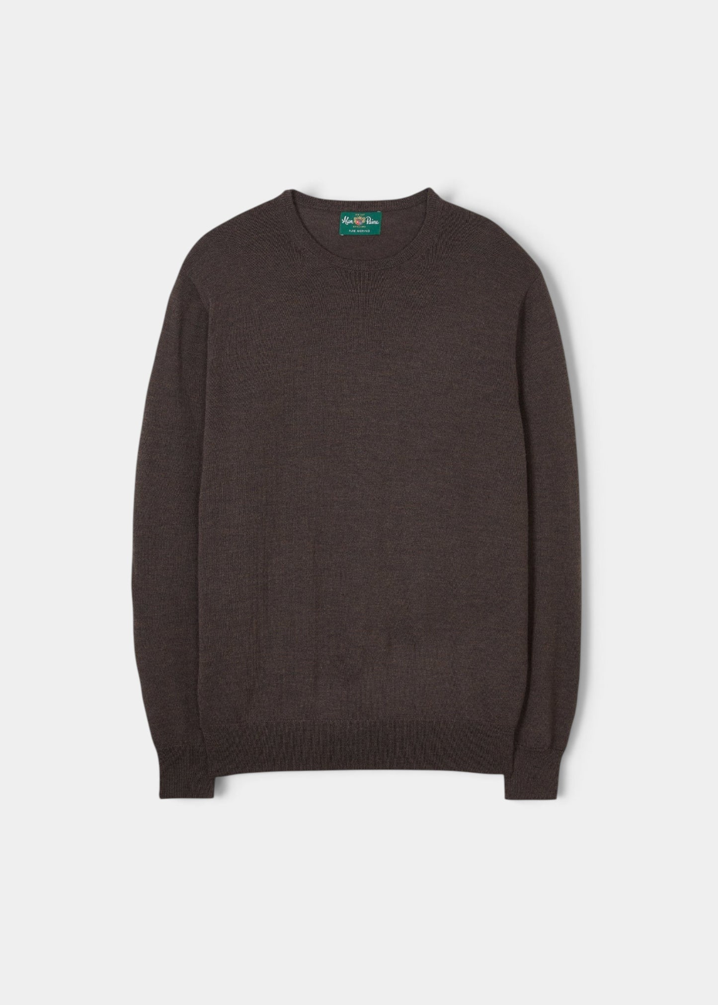 Alan Paine Radstone men's crew neck jumper in dark brown 100% fine Italian merino wool with ribbed hem and cuffs