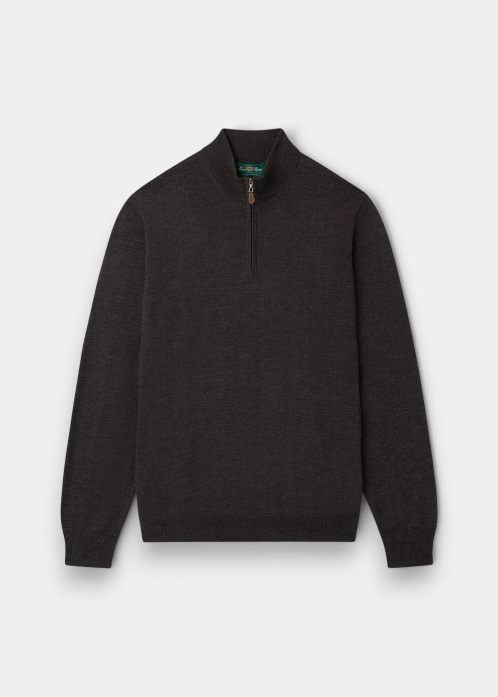 Alan Paine dark brown merino wool 1/4 zip mock neck jumper with ribbed hem and cuffs in a regular fit