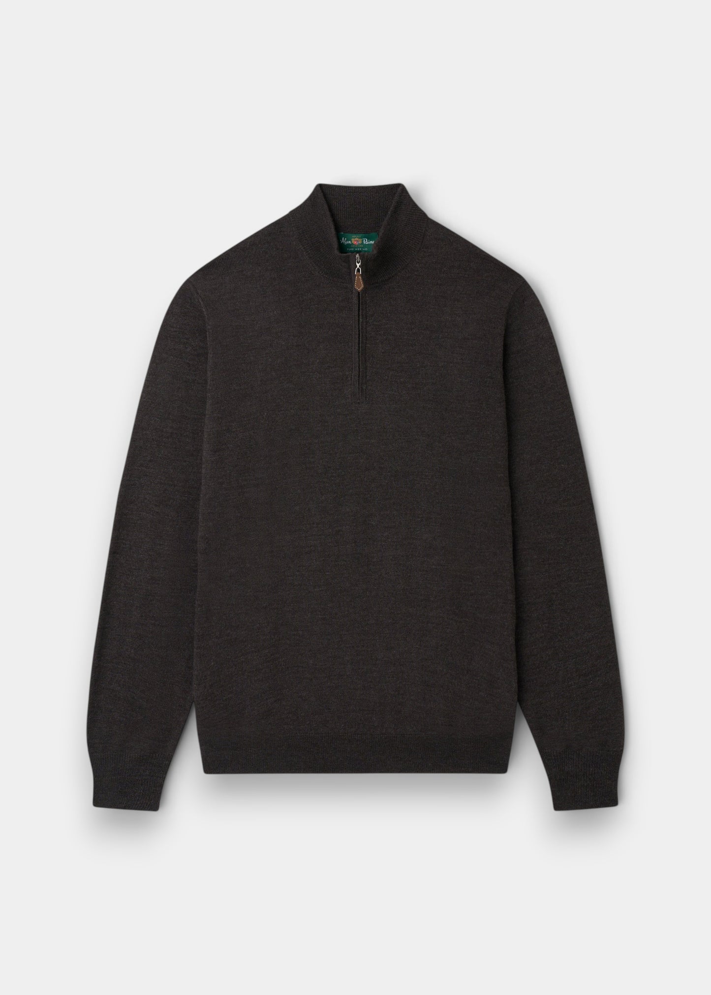 Alan Paine dark brown merino wool 1/4 zip mock neck jumper with ribbed hem and cuffs in a regular fit