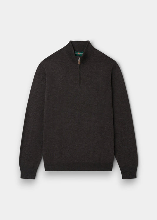 Alan Paine dark brown merino wool 1/4 zip mock neck jumper with ribbed hem and cuffs in a regular fit