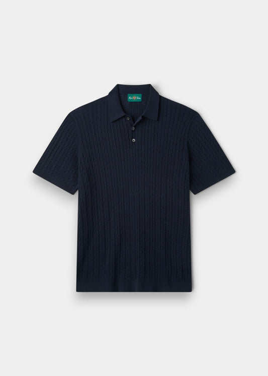 Alan Paine dark navy men's polo shirt in 100% cotton with a sophisticated baby cable knit texture and button placket.