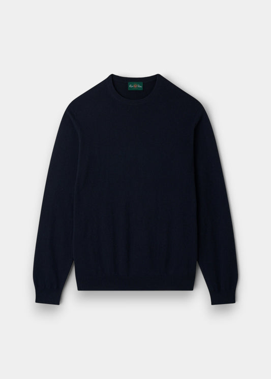 Alan Paine Melfort dark navy crew neck jumper in 100% cashmere with ribbed hem and cuffs in a regular fit.