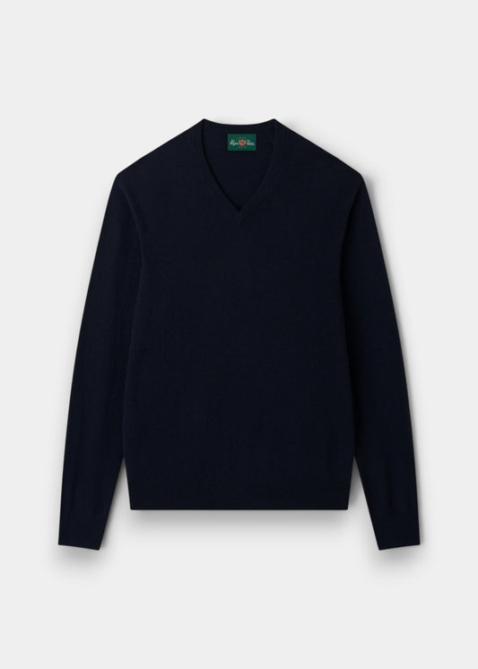 Alan Paine Haddington dark navy v-neck jumper in 100% cashmere with ribbed hem and cuffs