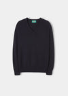 Alan Paine dark navy v-neck cashmere jumper with saddle shoulder detailing and ribbed hem and cuffs
