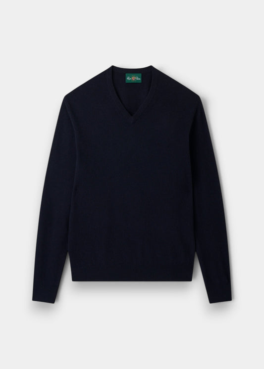 Alan Paine Albury dark navy v-neck jumper in pure Geelong lambswool with ribbed hem and cuffs