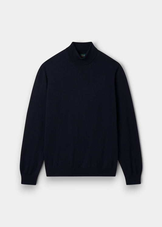 Alan Paine dark navy merino wool roll neck jumper with ribbed hem and cuffs in a regular fit