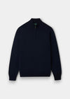 Alan Paine Barton dark navy merino wool 1/4 zip mock neck jumper with ribbed hem and cuffs in a regular fit.