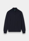 Alan Paine Selhurst dark navy quarter zip jumper in a soft Pima cotton and cashmere blend with ribbed cuffs and hem.