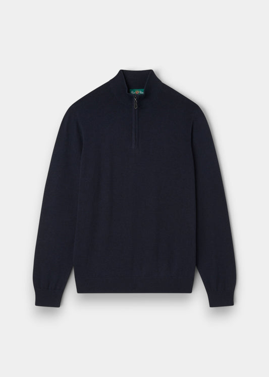 Alan Paine Selhurst dark navy quarter zip jumper in a soft Pima cotton and cashmere blend with ribbed cuffs and hem.
