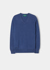 Alan Paine Haddington denim blue v-neck jumper in 100% cashmere with ribbed hem and cuffs.