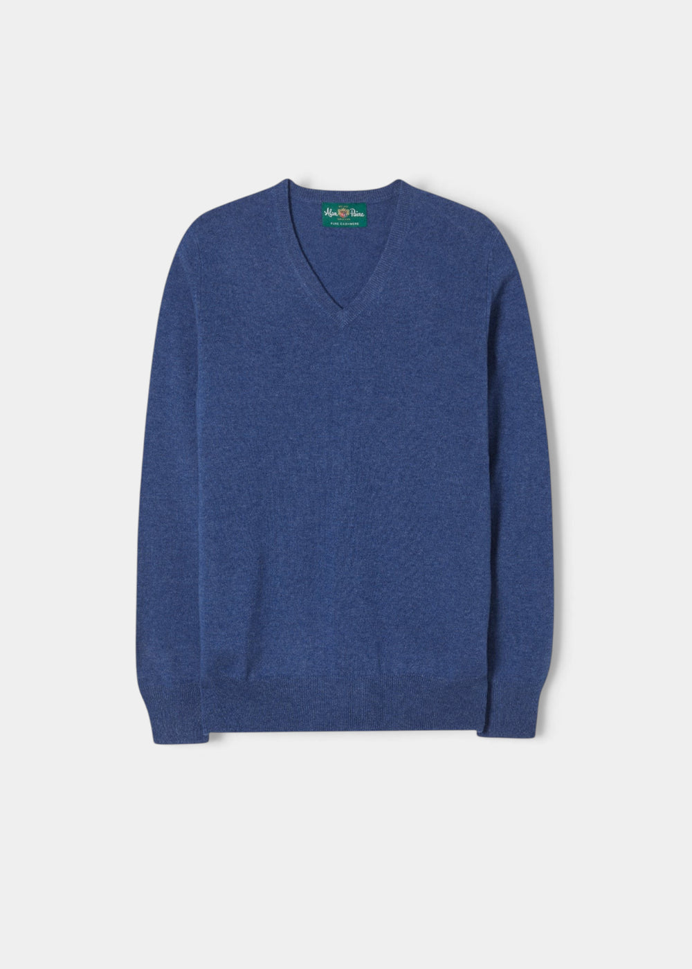Alan Paine Haddington denim blue v-neck jumper in 100% cashmere with ribbed hem and cuffs.