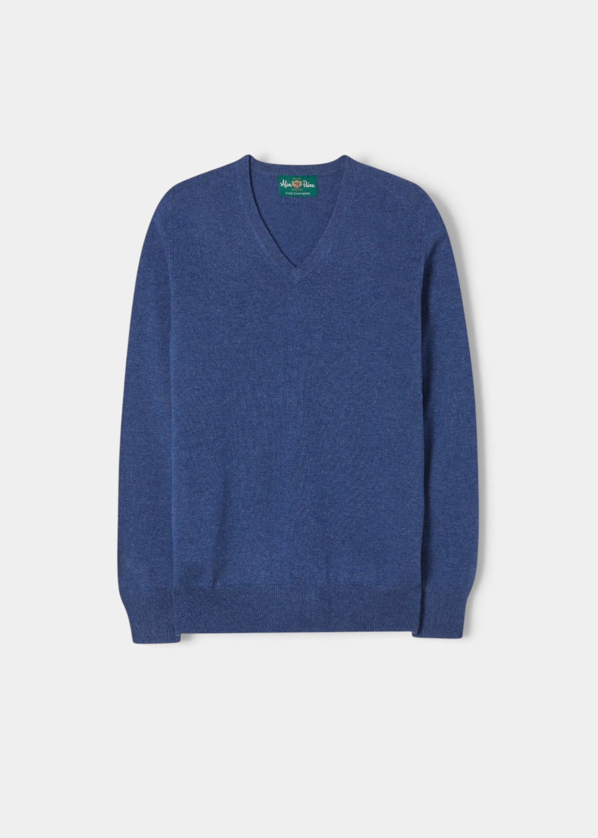 Alan Paine Haddington denim blue v-neck jumper in 100% cashmere with ribbed hem and cuffs.