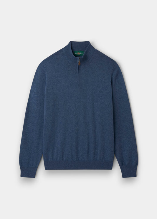 Alan Paine Ashfield denim blue 1/4 zip jumper in a soft cotton and merino wool blend with ribbed cuffs and hem.