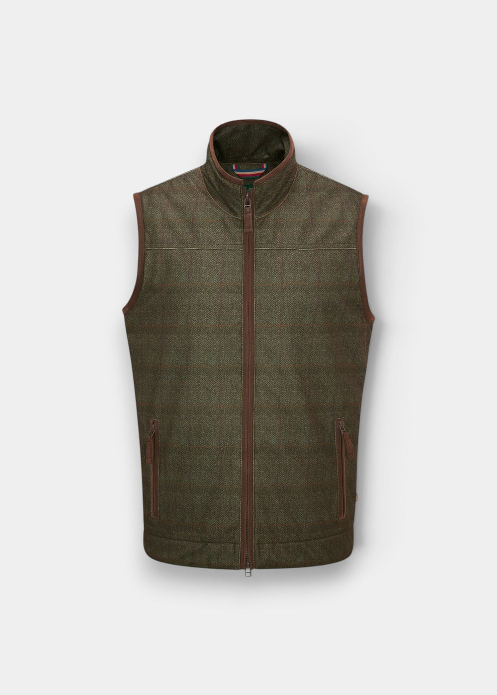 Alan Paine Didsmere men's technical gilet in Elon green tweed effect with faux leather trim and zip pockets