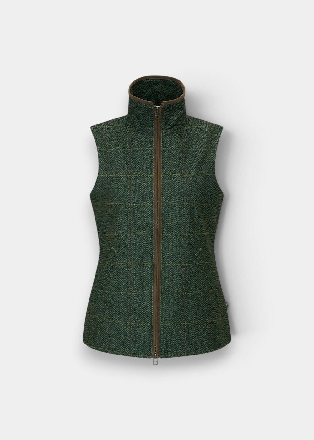 Alan Paine Didsmere ladies technical gilet in myrtle green with a tweed effect, faux leather trim, and zip closure.