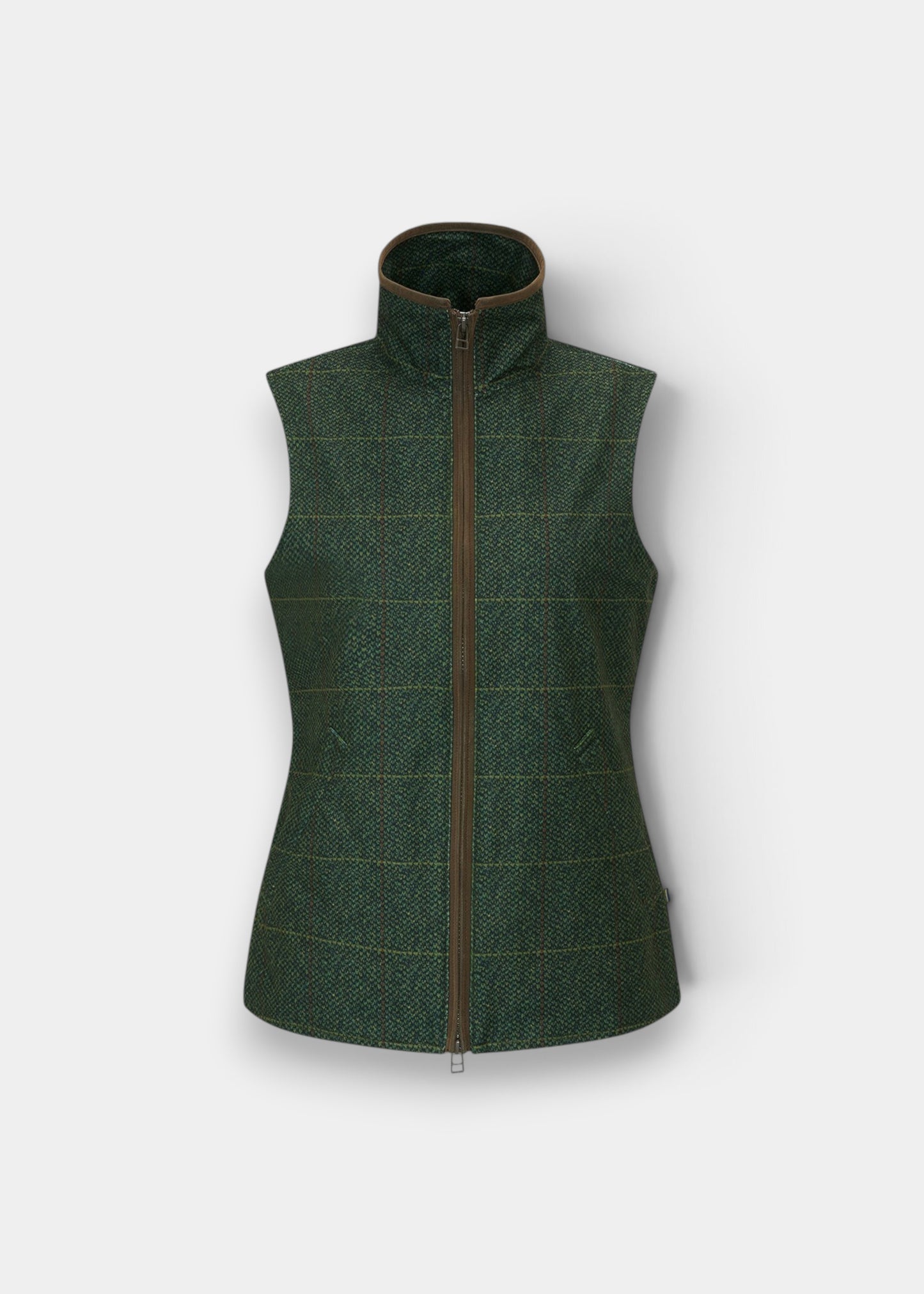 Alan Paine Didsmere ladies technical gilet in myrtle green with a tweed effect, faux leather trim, and zip closure.