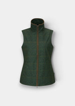 Alan Paine Didsmere ladies technical gilet in myrtle green with a tweed effect, faux leather trim, and zip closure.