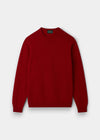 Alan Paine Dorset men's crew neck jumper in deep red Dubonnet lambswool with saddle shoulder and ribbed trim.