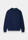 Alan Paine Dorset men's crew neck jumper in rhapsody blue, crafted from soft lambswool with saddle-shoulder shaping.