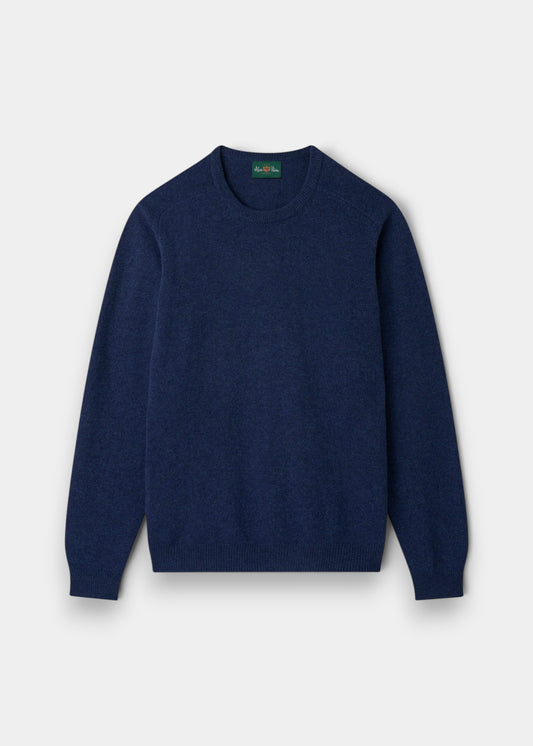 Alan Paine Dorset men's crew neck jumper in rhapsody blue, crafted from soft lambswool with saddle-shoulder shaping.