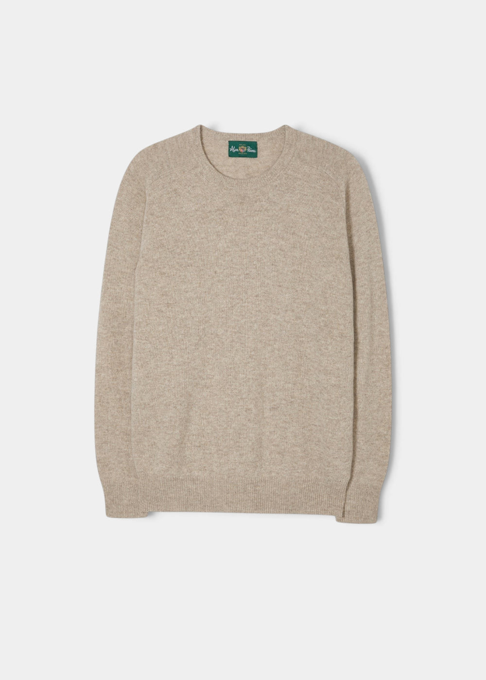 Alan Paine Dorset men's crew neck jumper in cobble beige lambswool with a classic fit and saddle shoulder design.