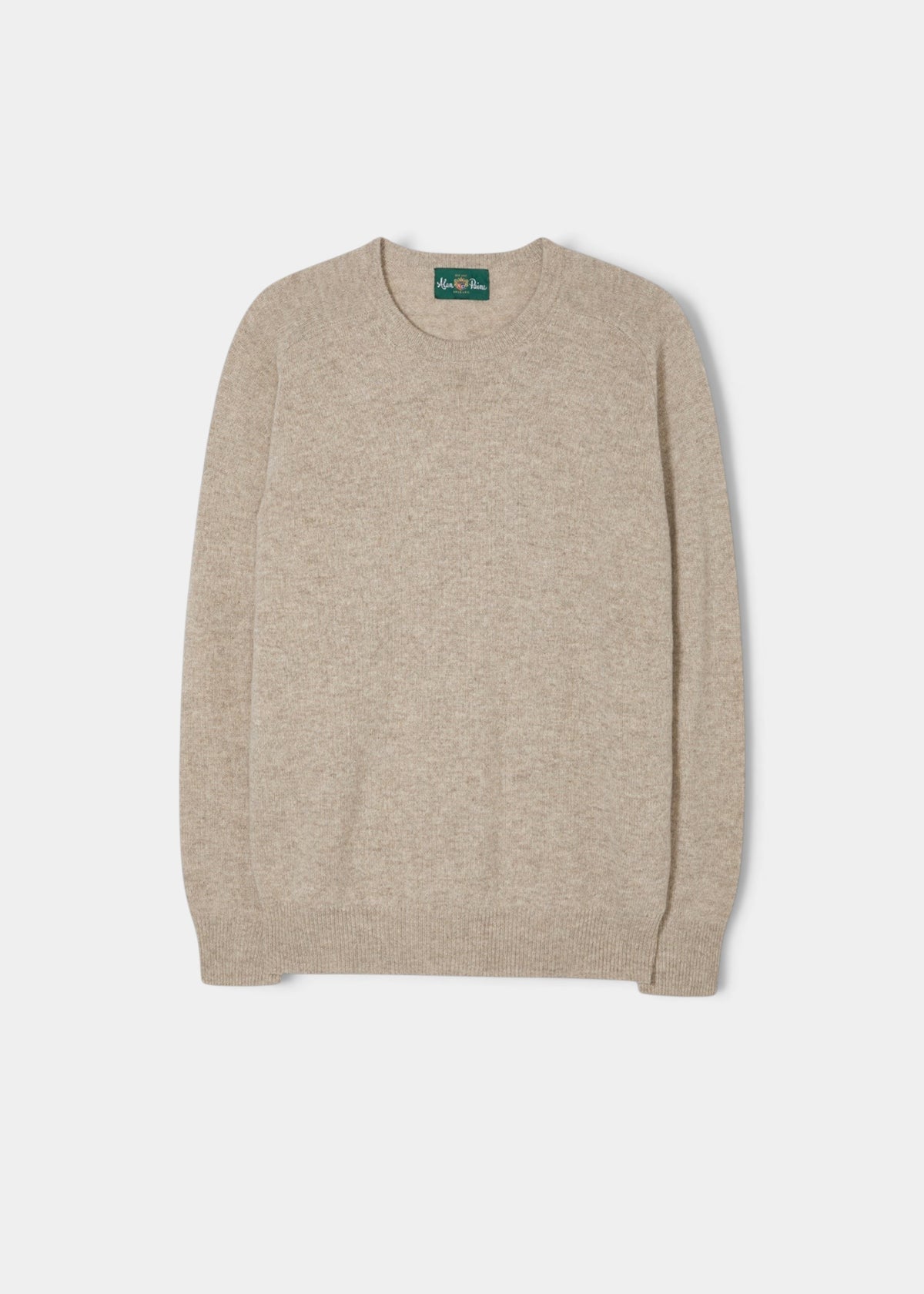 Alan Paine Dorset men's crew neck jumper in cobble beige lambswool with a classic fit and saddle shoulder design.