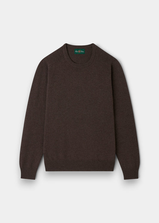 Alan Paine Dorset men's crew neck jumper in mocha brown lambswool with a classic fit and saddle shoulder detail.