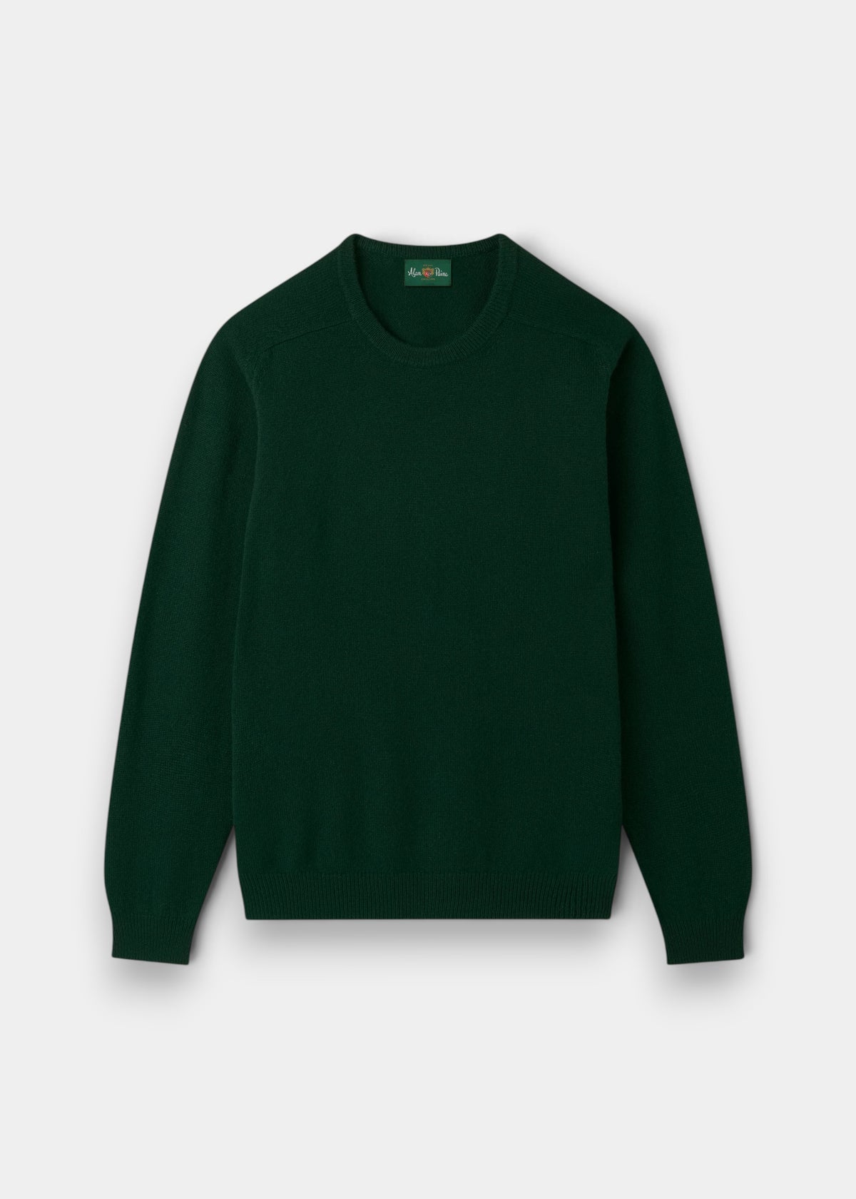Alan Paine Dorset men's crew neck jumper in tartan green lambswool with saddle shoulder and ribbed hem