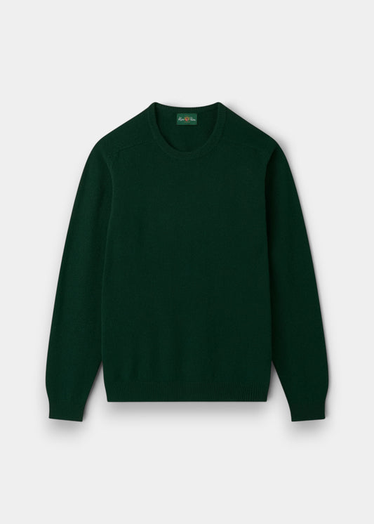 Alan Paine Dorset men's crew neck jumper in tartan green lambswool with saddle shoulder and ribbed hem