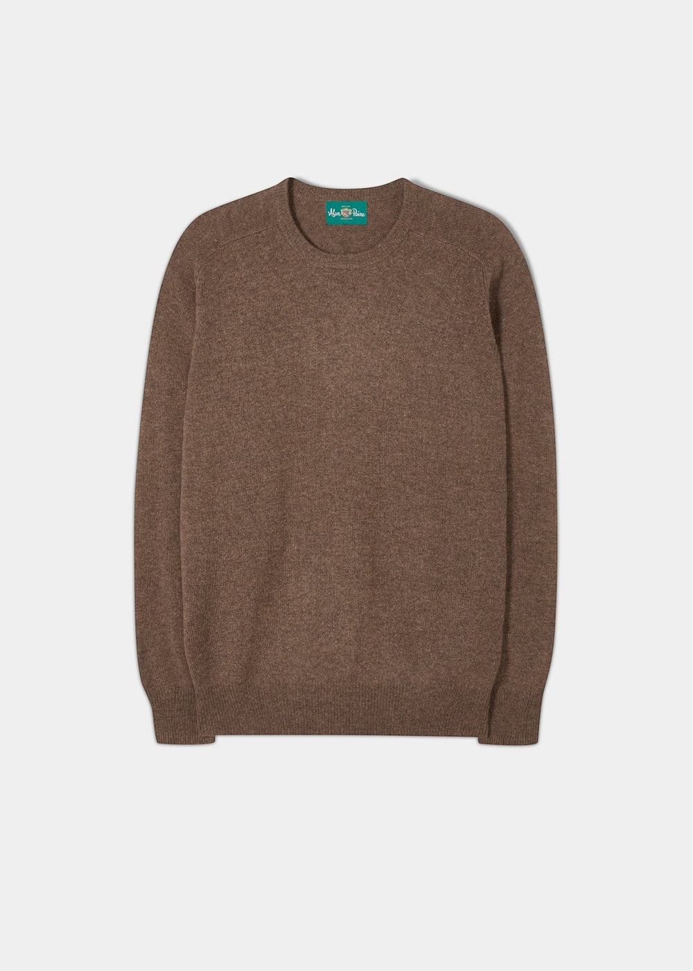Alan Paine Dorset men's crew neck jumper in tobacco brown lambswool with saddle shoulder and ribbed hem