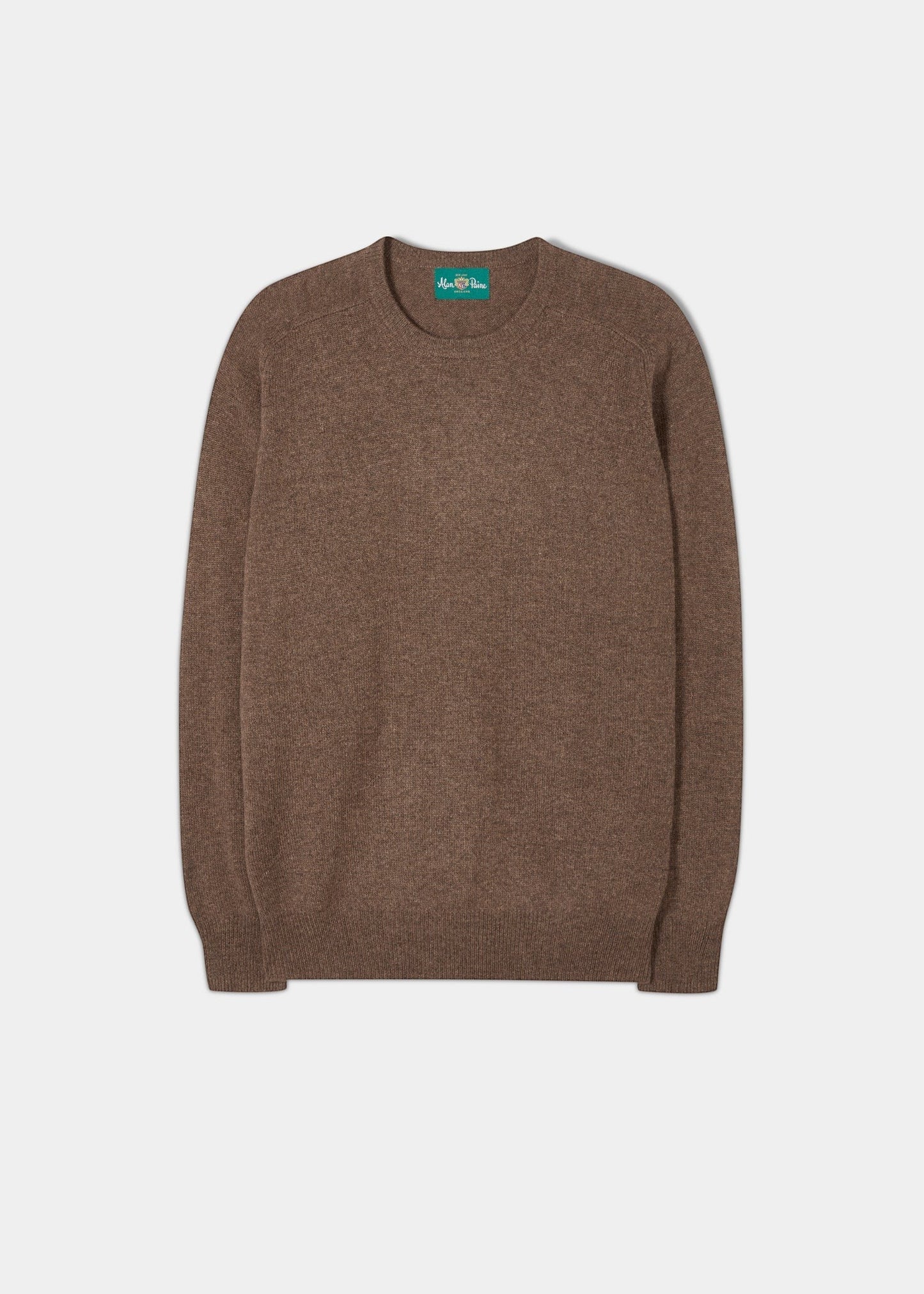 Alan Paine Dorset men's crew neck jumper in tobacco brown lambswool with saddle shoulder and ribbed hem