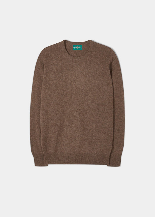 Alan Paine Dorset men's crew neck jumper in tobacco brown lambswool with saddle shoulder and ribbed hem