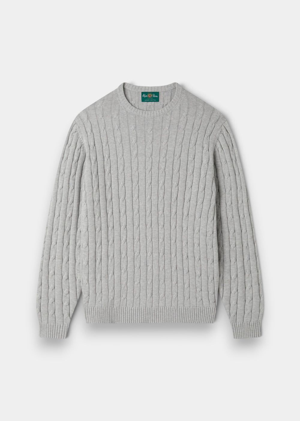Alan Paine Honley dove grey cable knit crew neck jumper made from a soft Pima cotton and cashmere blend.
