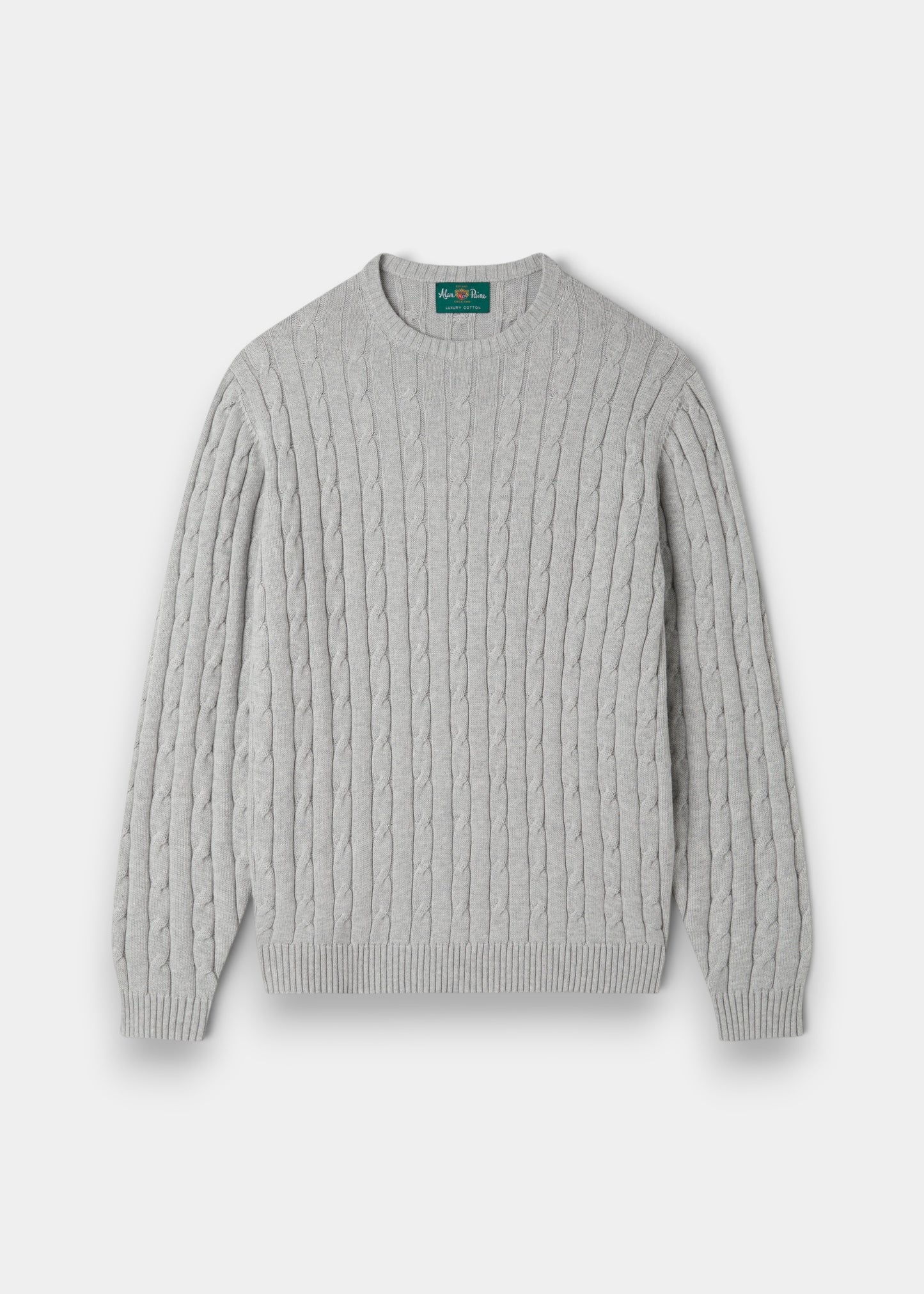 Alan Paine Honley dove grey cable knit crew neck jumper made from a soft Pima cotton and cashmere blend.