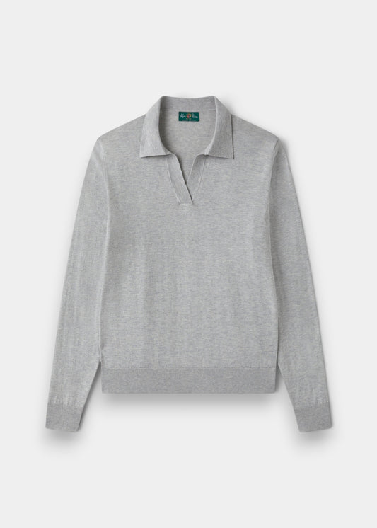 Alan Paine Uma dove grey cotton cashmere jumper with an open placket collar and long sleeves