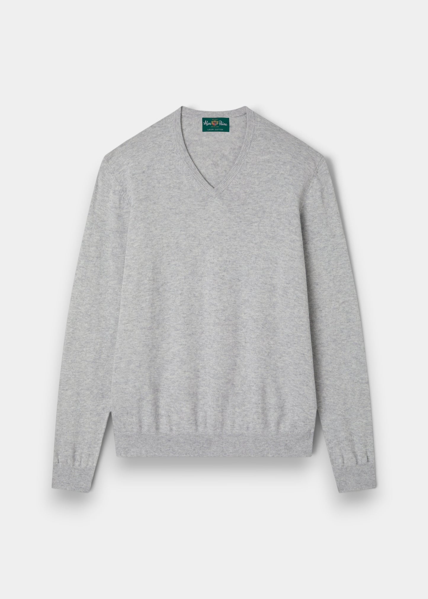 Alan Paine Rothwell dove grey v-neck jumper in a soft Pima cotton and cashmere blend with ribbed cuffs and hem.