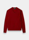 Alan Paine Kilsyth men's V-neck jumper in deep red Dubonnet lambswool with ribbed cuffs and hem.