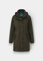 Alan Paine Dunswell ladies waterproof jacket in olive featuring a detachable hood and stud secured placket.