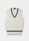 Alan Paine ecru cotton cable knit cricket slipover with green and blue V-neck trim and ribbed hem.