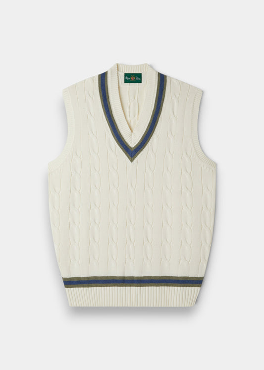 Alan Paine ecru cotton cable knit cricket slipover with green and blue V-neck trim and ribbed hem.
