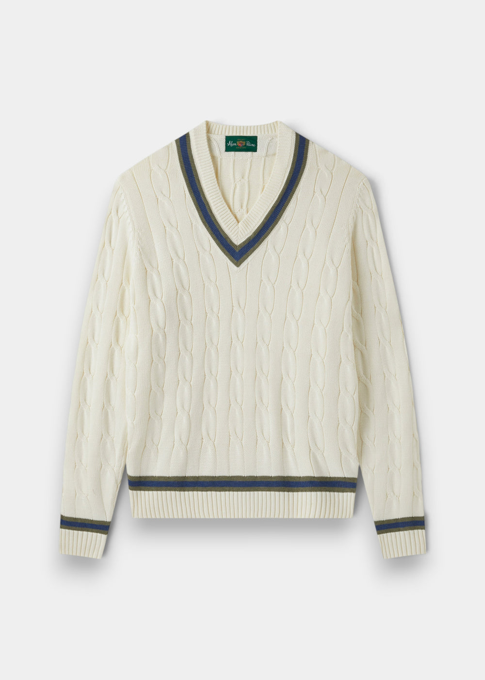 Alan Paine Sandridge ecru cotton cable knit cricket jumper with green and blue V-neck and hem trim